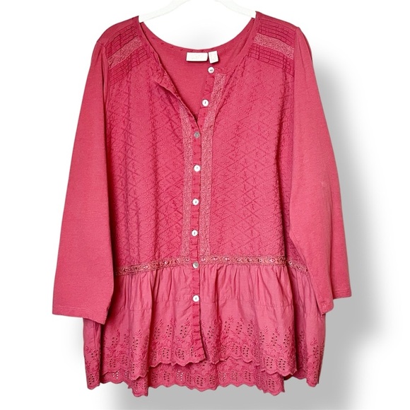 LOGO Lavish Lori Goldstein Button Front Top Large eyelet peplum tunic coral - Picture 1 of 12